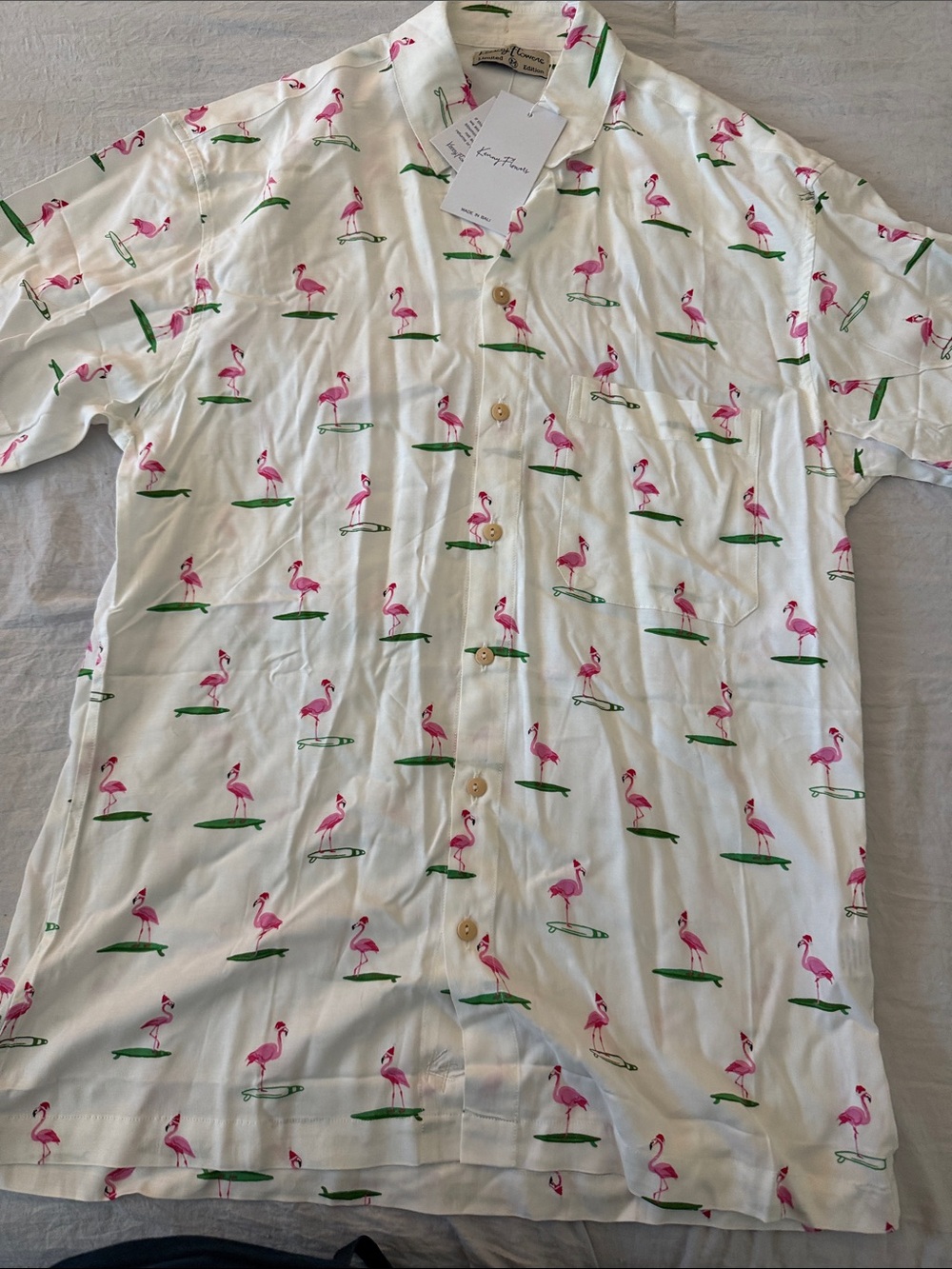 Kenny Flowers White Short-Sleeve Button-Up with Pink Flamingo Print